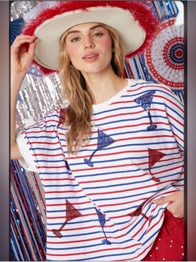 Sequin Martini Striped Tee in Red, White & Blue